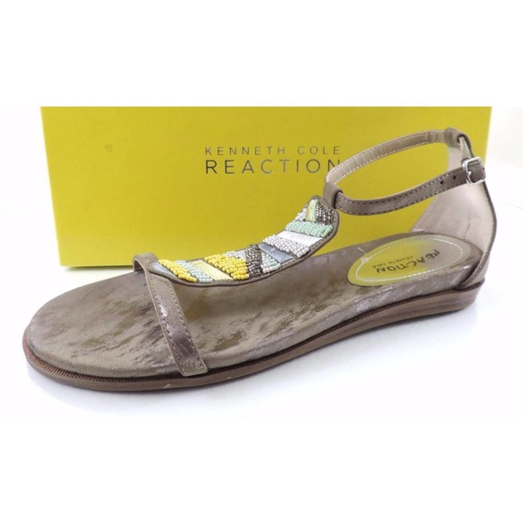Women's Kenneth Cole Reaction Bon Net T3 Beaded T-Strap Sandals Taupe Size 8.5 - Picture 3 of 10